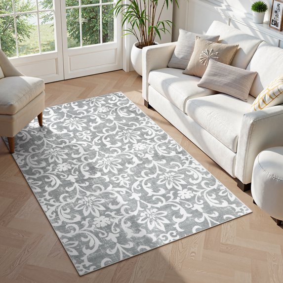 Lahome Decor 3'x5' Washable Rug for Bedroom, Vintage Area Rug for Dorm Room, Indoor Soft Distressed Floral Throw Rugs Non-Slip Backing for Entryway Farmhouse Kitchen Kids Playroom,Light Grey