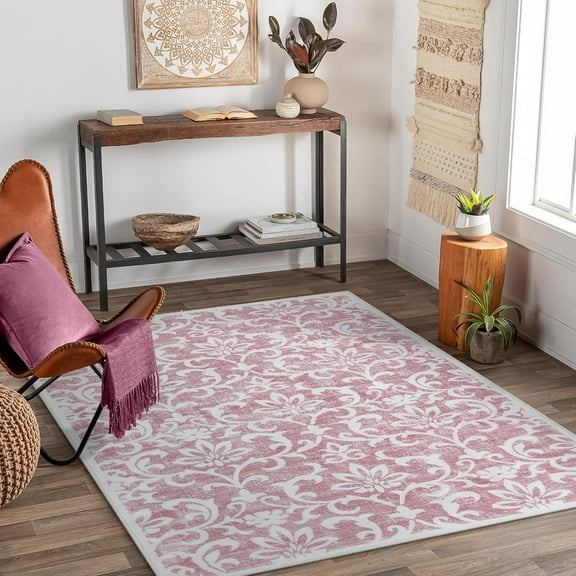Lahome Decor 3'x5' Washable Rug for Bedroom, Vintage Area Rug for Dorm Room, Indoor Soft Distressed Floral Throw Rugs Non-Slip Backing for Entryway Farmhouse Kitchen Kids Playroom,pink