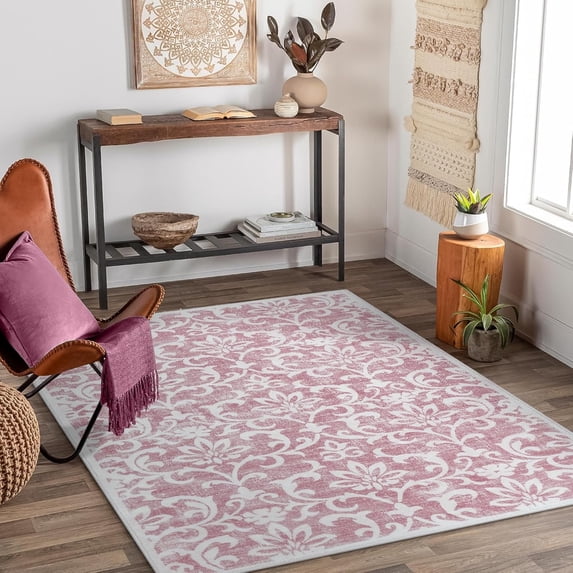 Lahome Decor 3'x5' Washable Rug for Bedroom, Vintage Area Rug for Dorm Room, Indoor Soft Distressed Floral Throw Rugs Non-Slip Backing for Entryway Farmhouse Kitchen Kids Playroom,pink