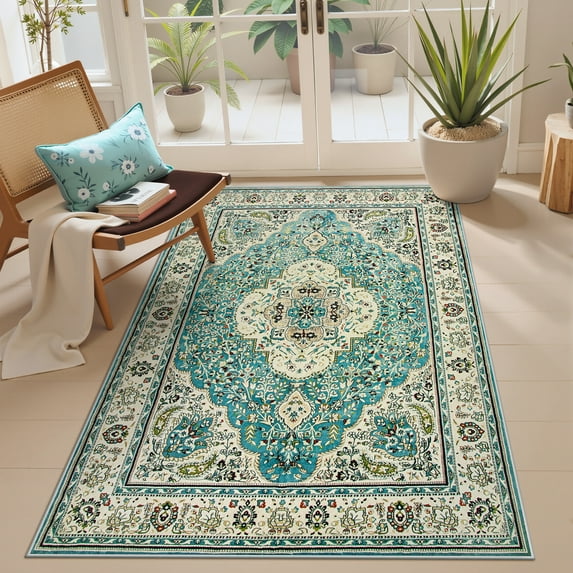 Lahome Decor 3x5 Area Rug Boho Tribal Rugs for Living Room Machine Washable Bedroom Rug, Turkish Aesthetic Soft Non-Slip Non-Shedding Faux Wool Throw Rug for Camper Entryway Office Carpet
