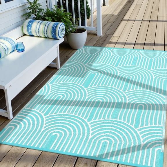 Lahome Decor 4’X6’ Rainbow Outdoor Rug for Patio,Beach Mats Waterproof, Camping Rug for Outside RV, Portable Plastic Straw Outdoor Area Rug for Backyard, Garden, Pool Deck,Blue
