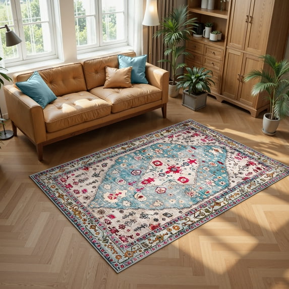 Lahome Decor 4'x6' Boho Tribal Area Rug ,4x6 ft Non Slip Machine Washable Rugs Foldable Vintage Rug Low Pile Durable Carpet for Living Room Bedroom Dining Room Office Farmhouse,Sky Blue