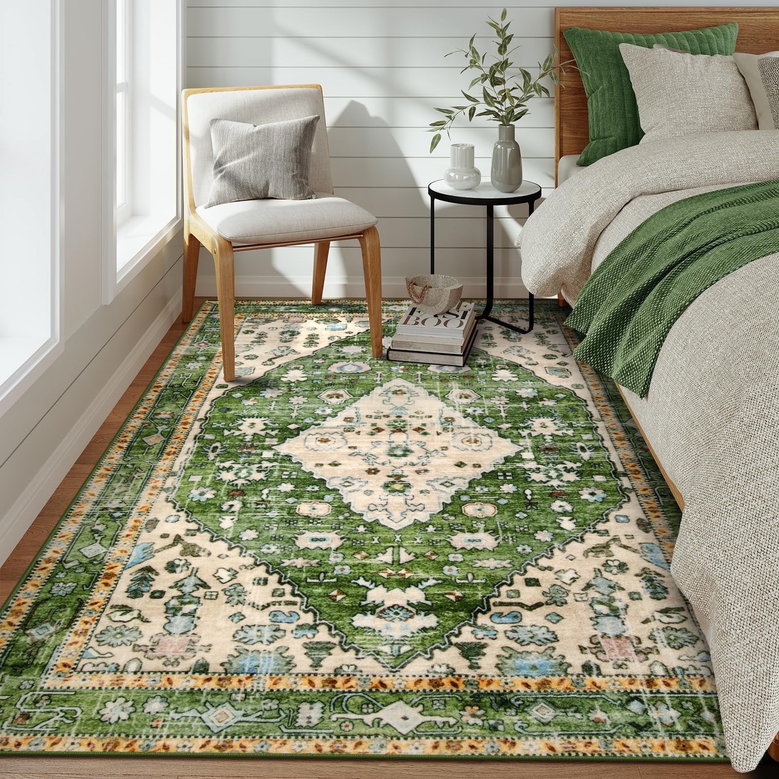 Lahome Decor 4'x6' Area Rug for Living Room,Machine Washable Non Slip Inside Floor Mat,Vintage Rug,Low Pile Lightweight Vintage Rug for Bedroom Dining Room Office Farmhouse,Green
