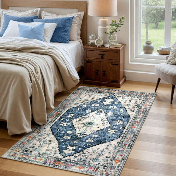 Lahome Decor 4'x6' Area Rug for Living Room,Machine Washable Non Slip Inside Floor Mat,Vintage Rug,Low Pile Lightweight Vintage Rug for Bedroom Dining Room Office Farmhouse,Blue