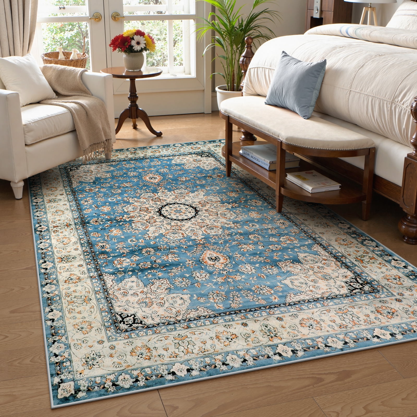 Lahome Decor 4'x6' Oriental Floral Medallion Area Rug for Living Room,Non Slip Machine Washable Vintage Indoor Rug,Vintage Printed Rug,Low Pile Lightweight for Bedroom Office