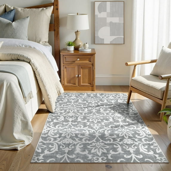 Lahome Decor 4'x6' Washable Rug for Bedroom, Vintage Area Rug for Living room, Indoor Soft Distressed Floral Throw Rugs Non-Slip Backing for Entryway Farmhouse Kitchen Kids Playroom,Light Grey