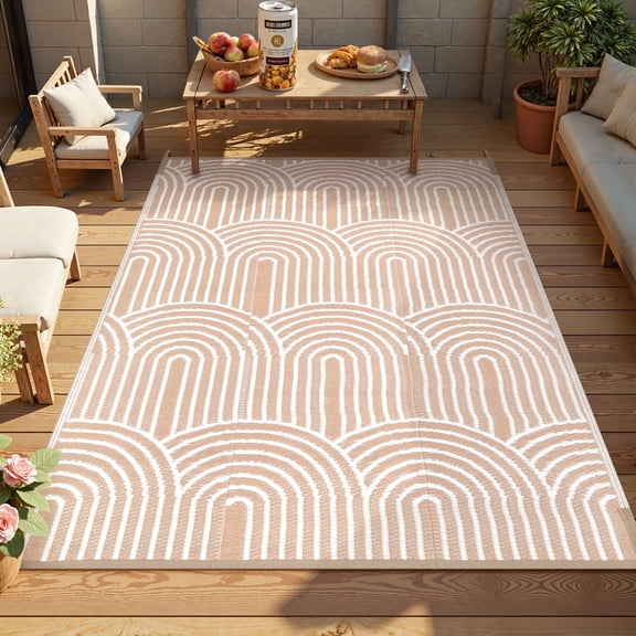 Lahome Decor 5’X8’ Rainbow Outdoor Rug for Patio,Beach Mats Waterproof, Camping Rug for Outside RV, Portable Plastic Straw Outdoor Area Rug for Backyard, Garden, Pool Deck,Light Khaki