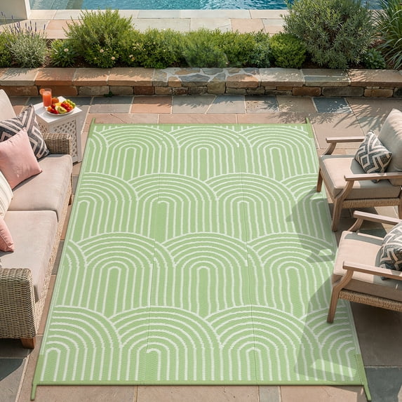 Lahome Decor 5’X8’ Rainbow Outdoor Rug for Patio,Beach Mats Waterproof, Camping Rug for Outside RV, Portable Plastic Straw Outdoor Area Rug for Backyard, Garden, Pool Deck,Green