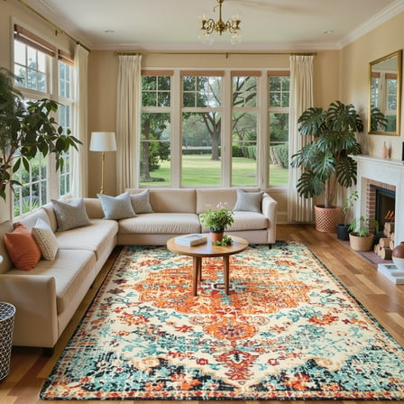Lahome Decor 5'x7' Area Rug for Living Room Large Washable Kitchen Rug Boho Floral Medallion Area Rug Non Slip Vintage Indoor Accent Carpet for Entryway Dining Room Bedroom Apartment, Orange