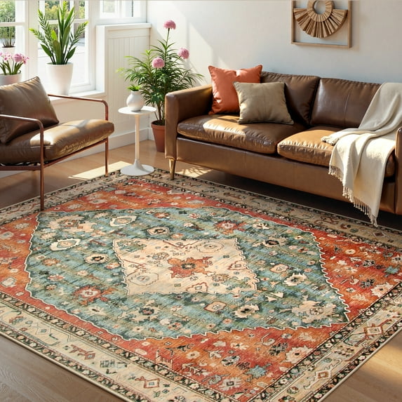 Lahome Decor 5'x7' Bohemian Vintage Rug,5x7ft Area Rug,Washable Rugs for Living Room,Traditional Non-slip Indoor Carpet Low Pile Ultra-Thin Boho Tribal Rug for Bedroom Dining Room Office,Red