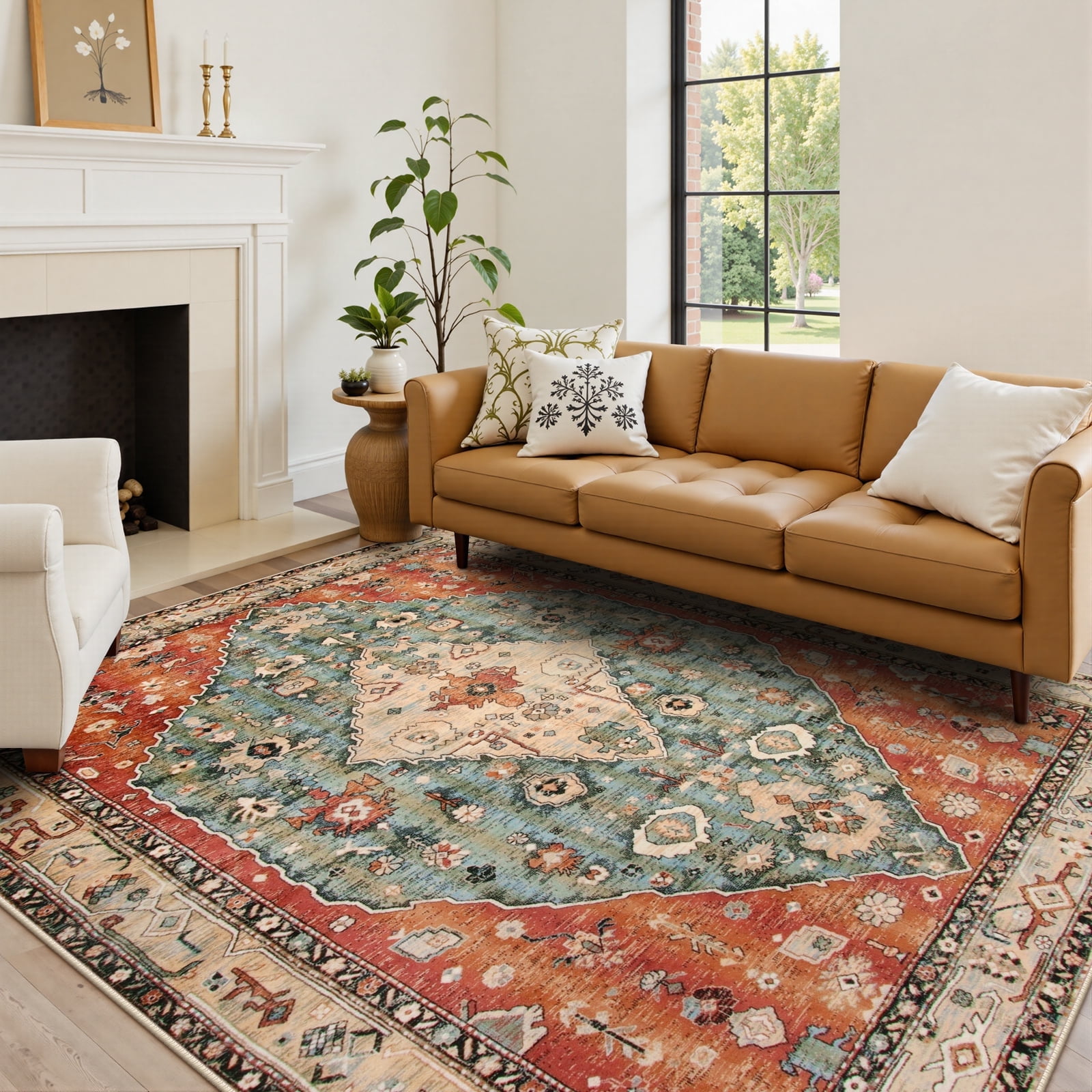 Aqua and Rust Geometric Tribal 5' x 7' Washable Rug