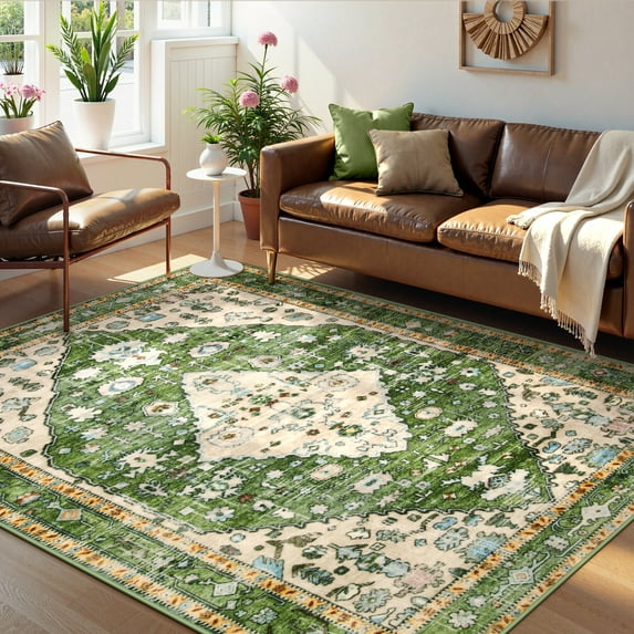 Lahome Decor 5'x7' Area Rug for Living Room,Machine Washable Non Slip Inside Floor Mat,Vintage Rug,Low Pile Lightweight Vintage Rug for Bedroom Dining Room Office Farmhouse,Green