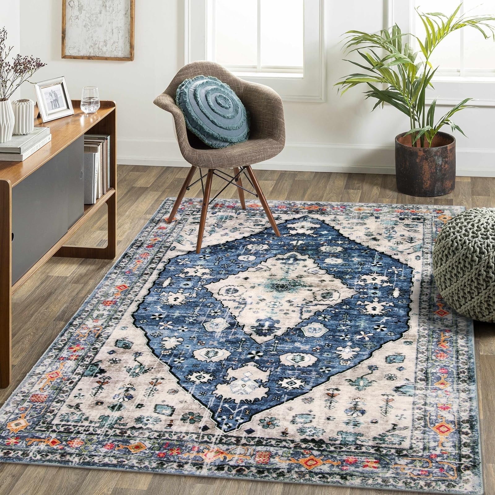 Blue and Cream Geometric Wool Blend Washable Area Rug 5' x 7'