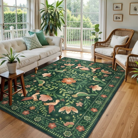 Lahome Decor 5'x7' Boho Bird Area Rugs,Floral Rug for Living Room Machine Washable,Soft Indoor Carpet,Non-Slip Low Pile for Bedroom Dining Room Playroom Office,Green