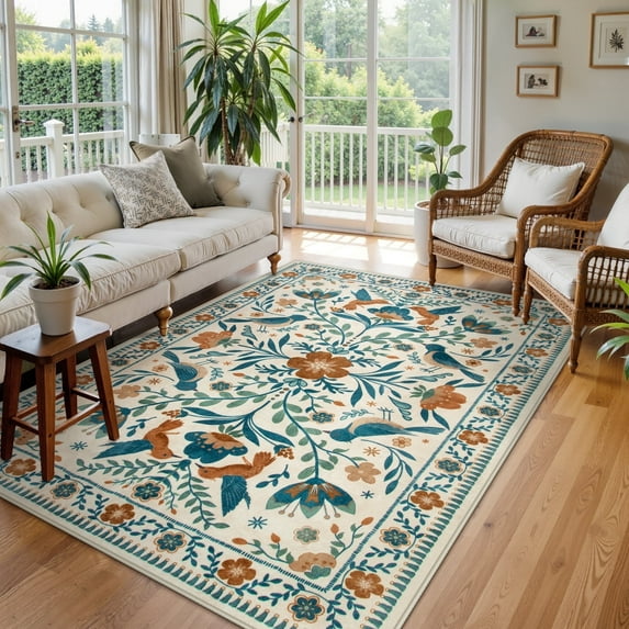 Lahome Decor 5'x7' Boho Bird Area Rugs,Floral Rug for Living Room Machine Washable,Soft Indoor Carpet,Non-Slip Low Pile for Bedroom Dining Room Playroom Office,Beige