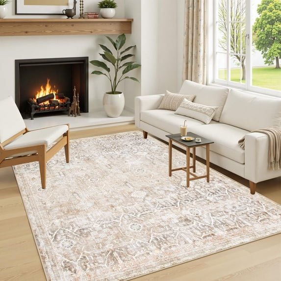 Lahome Decor 5'x7' Boho Tribe Area Rug for Living Room,5x7ft Machine Washable Rugs for Bedroom, Soft Non-Slip Low Pile Indoor Floor Accent Carpet for Office Entryway Nursery Dining Room - Khaki