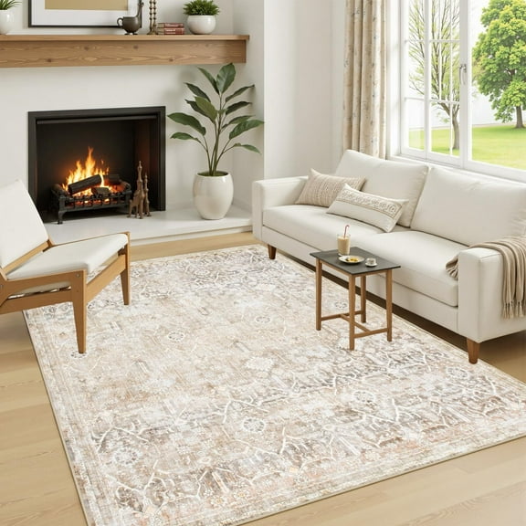 Lahome Decor 5'x7' Boho Tribe Area Rug for Living Room,5x7ft Machine Washable Rugs for Bedroom, Soft Non-Slip Low Pile Indoor Floor Accent Carpet for Office Entryway Nursery Dining Room - Khaki