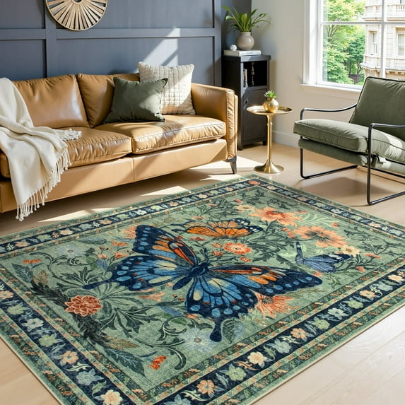 Lahome Decor 5'x7' Butterfly Bedroom Rug,Area Rugs 5x7ft Rugs for Living Room, Non-Slip Washable Rugs Stain Resistant Boho Floral Rug Low-Pile Throw Rug for Dining Room Office,Green