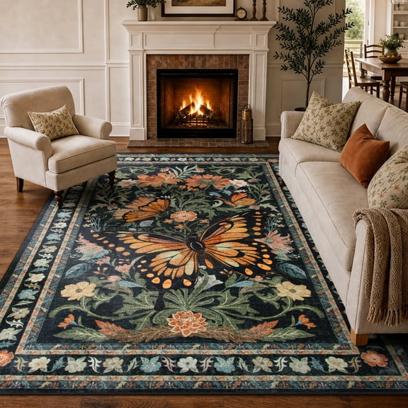 Lahome Decor 5'x7' Butterfly Bedroom Rug,Area Rugs 5x7ft Rugs for Living Room, Non-Slip Washable Rugs Stain Resistant Boho Floral Rug Low-Pile Throw Rug for Dining Room Office,Black