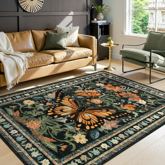 Lahome Decor 5'x7' Butterfly Bedroom Rug,Area Rugs 5x7ft Rugs for Living Room, Non-Slip Washable Rugs Stain Resistant Boho Floral Rug Low-Pile Throw Rug for ‎Dining Room Office,Black