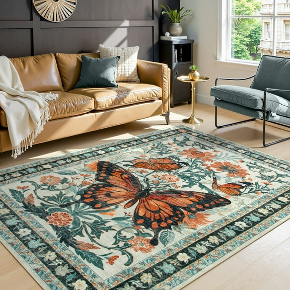 Lahome Decor 5'x7' Butterfly Bedroom Rug,Area Rugs 5x7ft Rugs for Living Room, Non-Slip Washable Rugs Stain Resistant Boho Floral Rug Low-Pile Throw Rug for Dining Room Office,Beige