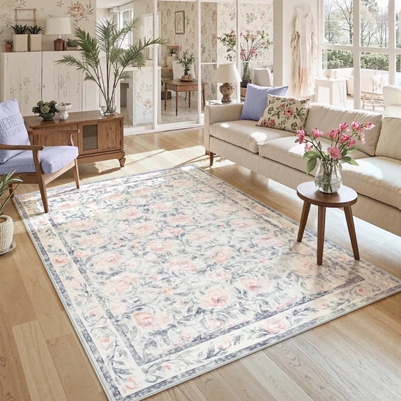 Lahome Decor 5'x7'Floral Living Room Rugs,5x7ft Boho Area Rug for Bedroom Machine Washable Rug- Non-Slip Soft Indoor Carpet, Stain Resistant Low Pile for Farmhouse,Dining Room,Office,Purple