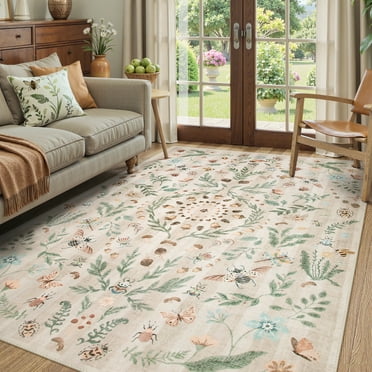 Lahome Decor 5'x7' Insect Botanical Washable Area Rugs for Bedroom, 5x7ft Non Slip Rugs for Living Room, Boho Indoor Throw Rugs Large Carpet for Dining Room Entryway Kitchen Office,Khaki