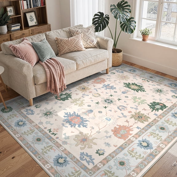 Lahome Decor 5'x7'Modern Oushak Washable Rugs,5x7ft Boho Area Rug for Living Room,Stain Resistant Soft Bedroom Rug, Ultra-Thin Cream Colorful Vintage Floral Rugs for Farmhouse Dining Room,Blue