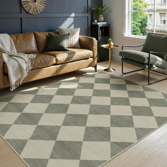 Lahome Decor 5'x7' Modern Washable Area Rugs for Living Room, 5x7ft Non-Slip Rugs for Bedroom, Farmhouse Checkered Rug, Moroccan Neutral Soft Low Pile Carpet for Office Dining Room Playroom,Green