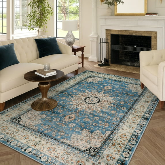 Lahome Decor 5'x7' Oriental Floral Medallion Area Rug for Living Room,Non Slip Machine Washable Vintage Indoor Rug,Vintage Printed Rug,Low Pile Lightweight for Bedroom Office