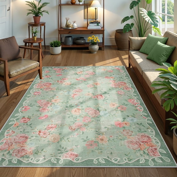 Lahome Decor 5'x7' Pink Floral Washable Rugs,5x7ft Rugs for Bedroom Girls Boho Area Rug,Vintage Rugs for Living Room Non Slip Low Pile Ultra-Thin Carpet for Farmhouse,Dining Room,Kids Playroom,Green
