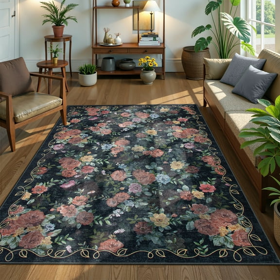 Lahome Decor 5'x7' Pink Floral Washable Rugs,5x7ft Rugs for Bedroom Girls Boho Area Rug,Vintage Rugs for Living Room Non Slip Low Pile Ultra-Thin Carpet for Farmhouse,Dining Room,Kids Playroom,Black
