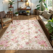 Lahome Decor 5'x7' Pink Floral Washable Rugs,5x7ft Rugs for Bedroom Girls Boho Area Rug,Vintage Rugs for Living Room Non