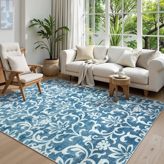 Lahome Decor 5'x7' Washable Rug for Bedroom, Vintage Area Rug for Living Room, Indoor Soft Distressed Floral Throw Rugs Non-Slip Backing for Entryway Farmhouse Dining Room Kids Playroom,Light Blue
