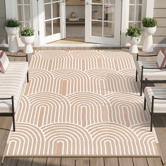 Lahome Decor 6’X9’ Rainbow Outdoor Rug for Patio,Beach Mats Waterproof, Camping Rug for Outside RV, Portable Plastic Straw Outdoor Area Rug for Backyard, Garden, Pool Deck,Light Khaki