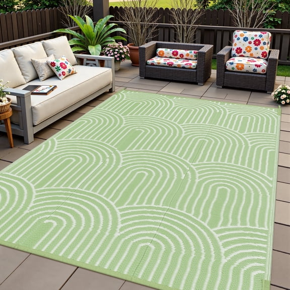 Lahome Decor 6’X9’ Rainbow Outdoor Rug for Patio,Beach Mats Waterproof, Camping Rug for Outside RV, Portable Plastic Straw Outdoor Area Rug for Backyard, Garden, Pool Deck,Green