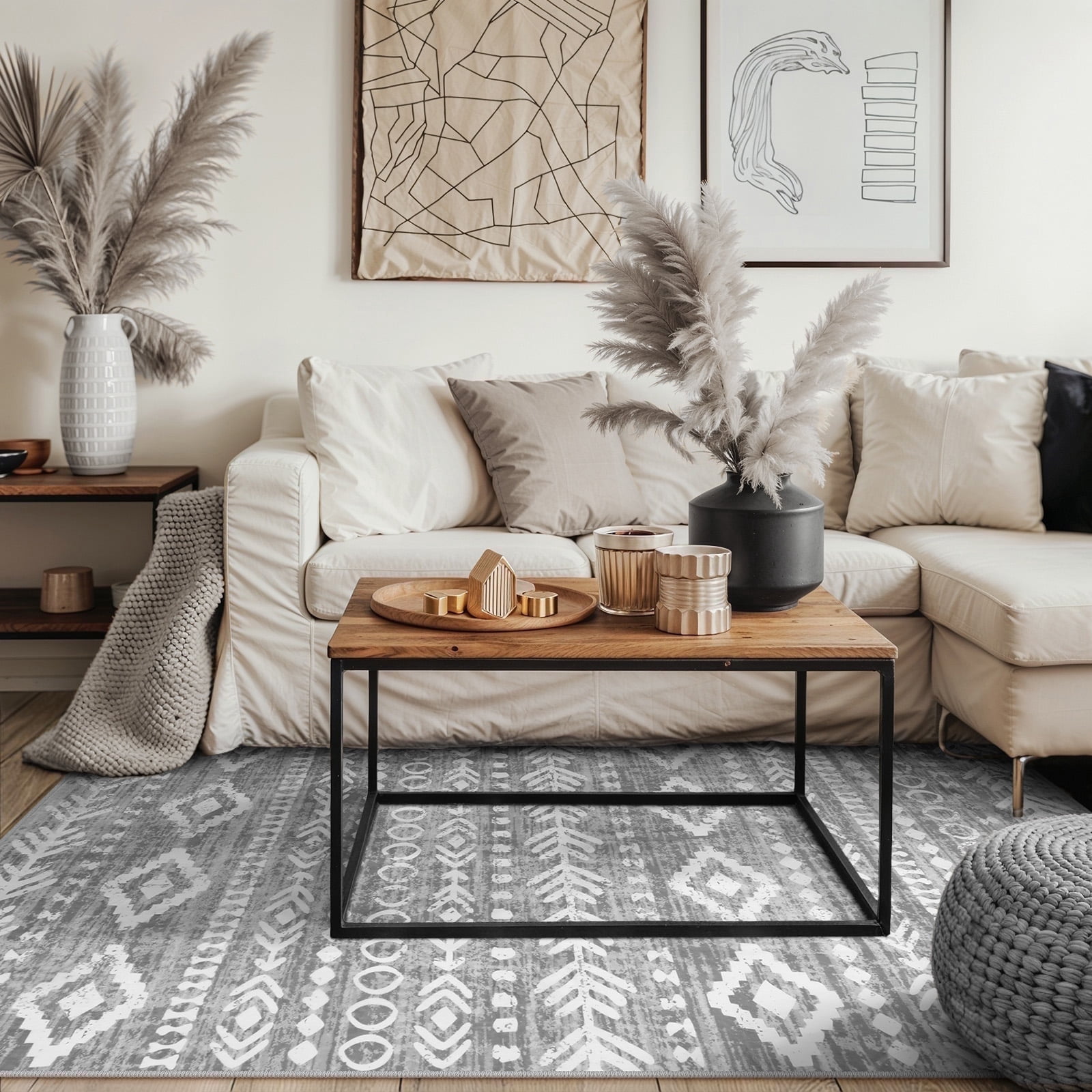 Moynesa 6'x9' Area Rug for Living Room Machine Washable Rugs Moroccan Large Bedroom Rug Rustic Tribal Kids Playroom Nursery Area Rug Low Pile Carpet for Living Bed Dining Room,White Grey