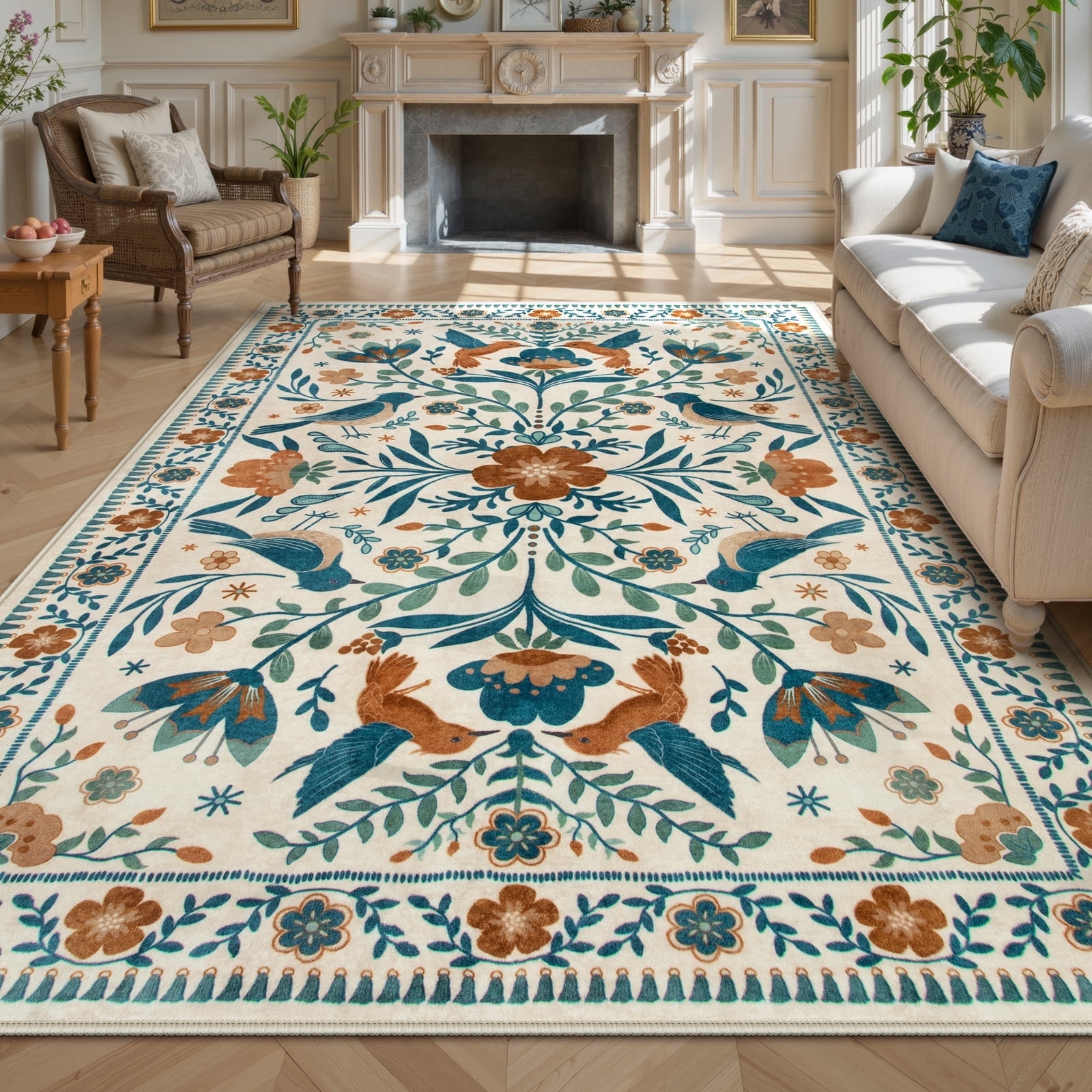 Lahome Decor 6'x9' Boho Bird Area Rugs,Floral Rug for Living Room Machine Washable,Soft Indoor Carpet,Non-Slip Low Pile for Bedroom Dining Room Playroom Office,Beige