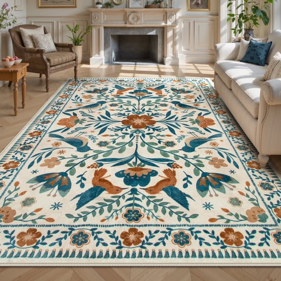 Lahome Decor 6'x9' Boho Bird Area Rugs,Floral Rug for Living Room Machine Washable,Soft Indoor Carpet,Non-Slip Low Pile for Bedroom Dining Room Playroom Office,Beige