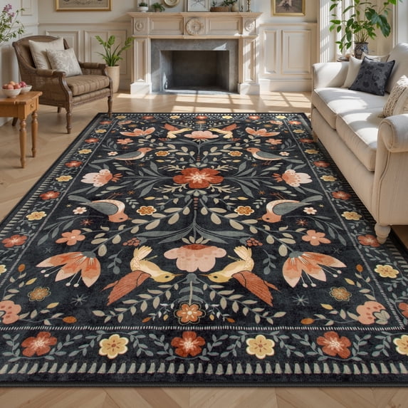 Lahome Decor 6'x9' Boho Bird Area Rugs,Floral Rug for Living Room Machine Washable,Soft Indoor Carpet,Non-Slip Low Pile for Bedroom Dining Room Playroom Office,Black