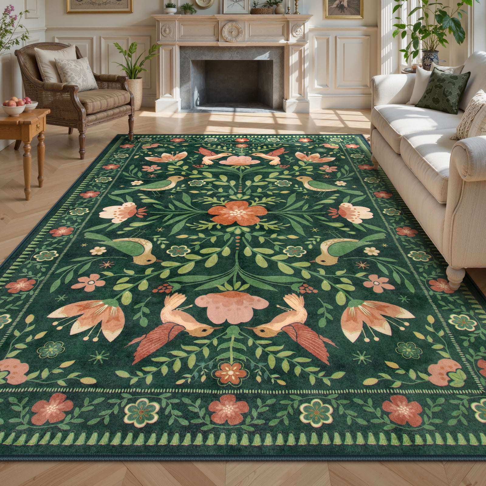 Lahome Decor 6'x9' Boho Bird Area Rugs,Floral Rug for Living Room Machine Washable,Soft Indoor Carpet,Non-Slip Low Pile for Bedroom Dining Room Playroom Office,Green