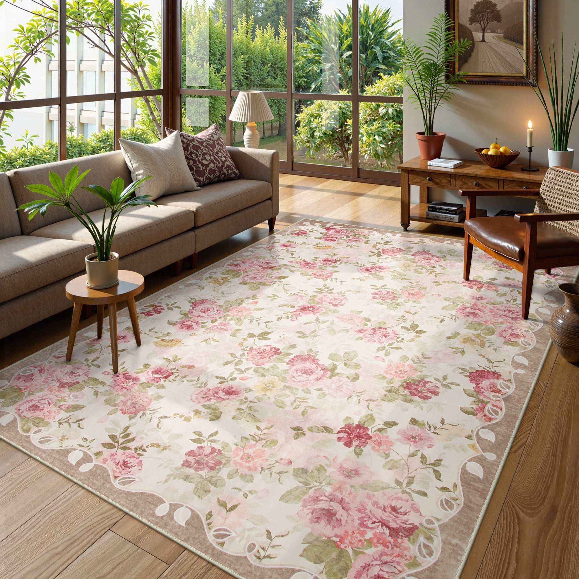 Lahome Decor 6'x9' Boho Floral Area Rug 6x9ft Washable Rugs for Living Room,Vintage Girls Rugs for Bedroom Ultra-Thin Non Slip Nursery Rug Girl Carpet for Playroom Dining Room Nursery,Beige