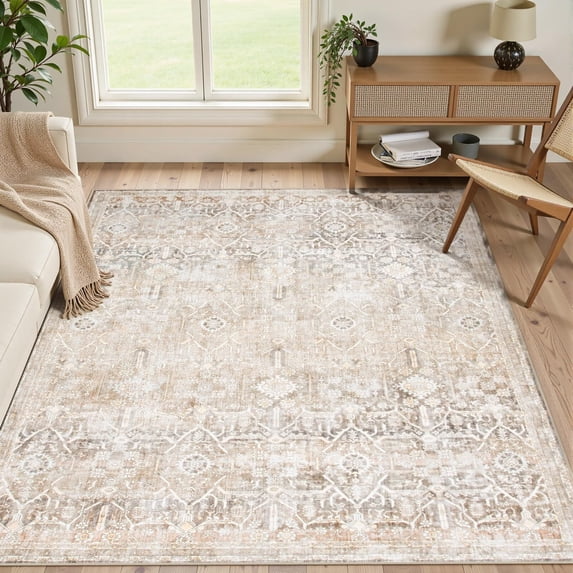 Lahome Decor 6'x9' Boho Tribe Area Rug for Living Room,6x9ft Machine Washable Rugs for Bedroom, Soft Non-Slip Low Pile Indoor Floor Accent Carpet for Office Nursery Dining Room Farmhouse- Khaki