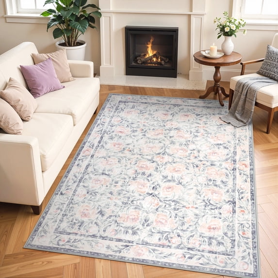 Lahome Decor 6'x9'Floral Living Room Rugs,6x9ft Boho Area Rug for Bedroom Machine Washable Rug- Non-Slip Soft Indoor Carpet, Stain Resistant Low Pile for Farmhouse,Dining Room,Office,Purple