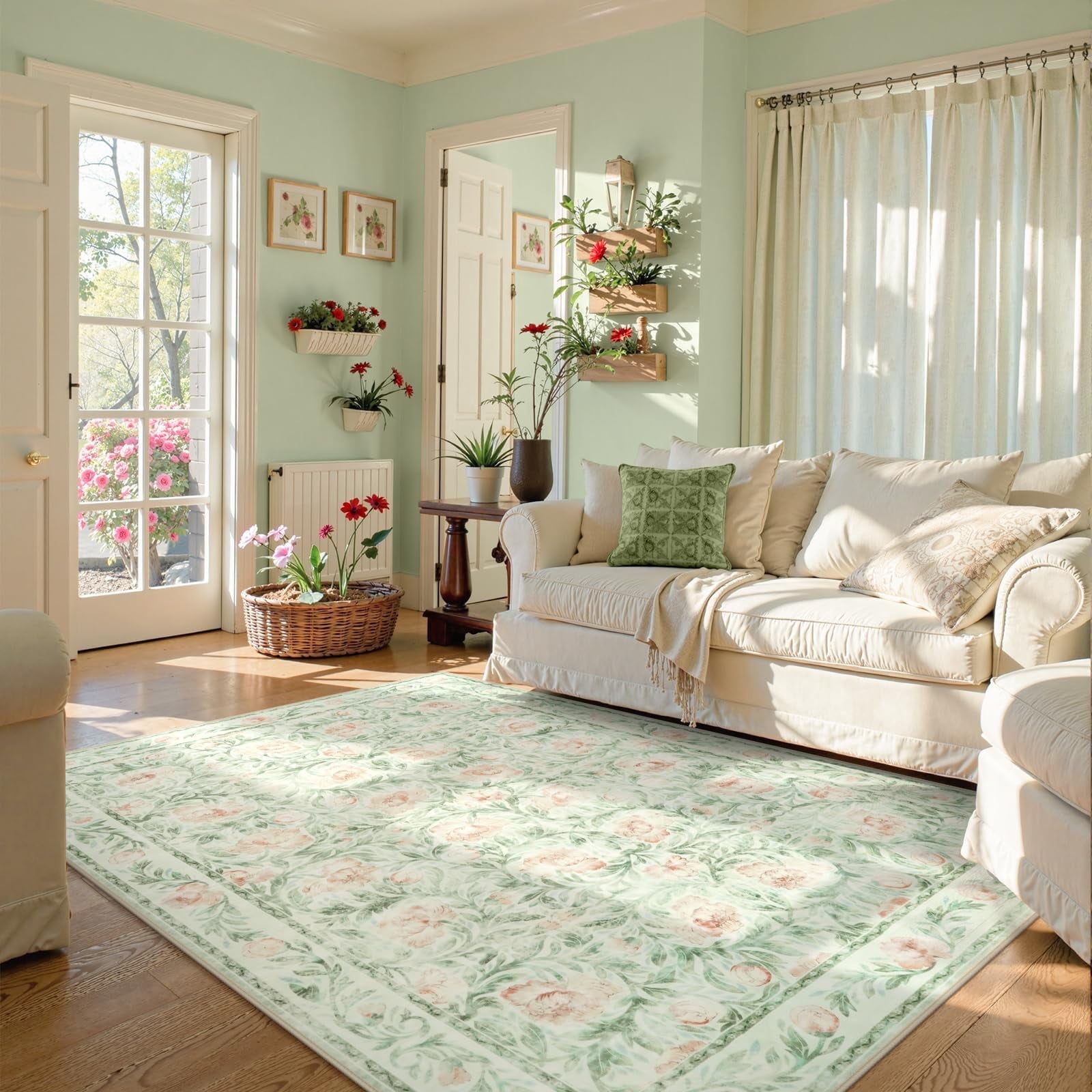 Lahome Decor 6'x9'Floral Living Room Rugs,6x9ft Boho Area Rug for Bedroom Machine Washable Rug- Non-Slip Soft Indoor Carpet, Stain Resistant Low Pile for Farmhouse,Dining Room,Office,Green