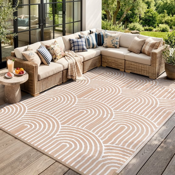 Lahome Decor 8’X10’ Rainbow Outdoor Rug for Patio,Beach Mats Waterproof, Camping Rug for Outside RV, Portable Plastic Straw Outdoor Area Rug for Backyard, Garden, Pool Deck,Light Khaki