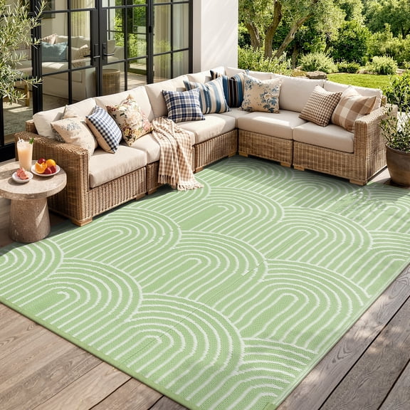 Lahome Decor 8’X10’ Rainbow Outdoor Rug for Patio,Beach Mats Waterproof, Camping Rug for Outside RV, Portable Plastic Straw Outdoor Area Rug for Backyard, Garden, Pool Deck,Green
