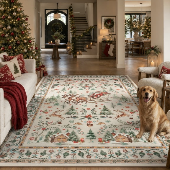 Lahome Decor 8' x 10' Christmas Large Area Rug, Washable Rug for Living Room, Non Slip Low Pile Soft Bedroom Rug Xmas Tree Elk Indoor Floor Carpet for Dining Room Winter Holiday Decor, Beige