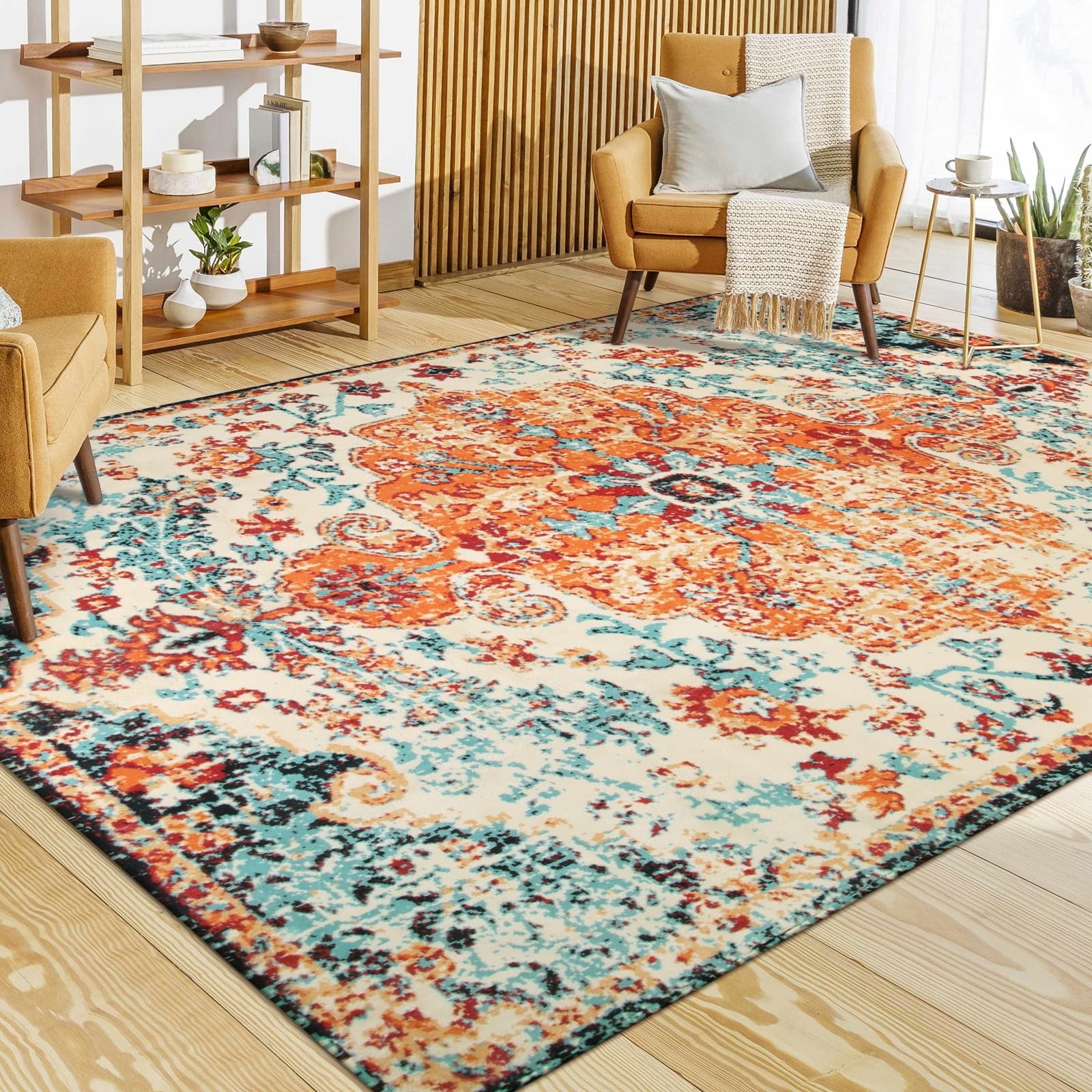 Wonnitar 8'x10' Boho Area Rugs for Living Room Soft Washable Bedroom Room Mat Large Non Slip Dining Room Rugs Under Table Vintage Floral Carpet for Playroom Office Kids Playroom,Orange