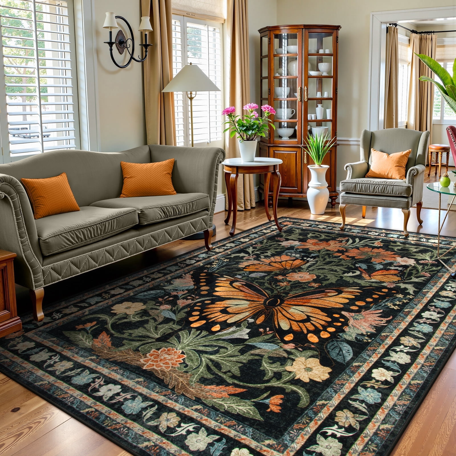Lahome Decor 8'x10' Butterfly Area Rugs, 8x10ft Large Washable Rugs for Living Room, Non-Slip Bedroom Rugs Stain Resistant Boho Floral Rug Low-Pile Throw Rug for ‎Dining Room Office,Black